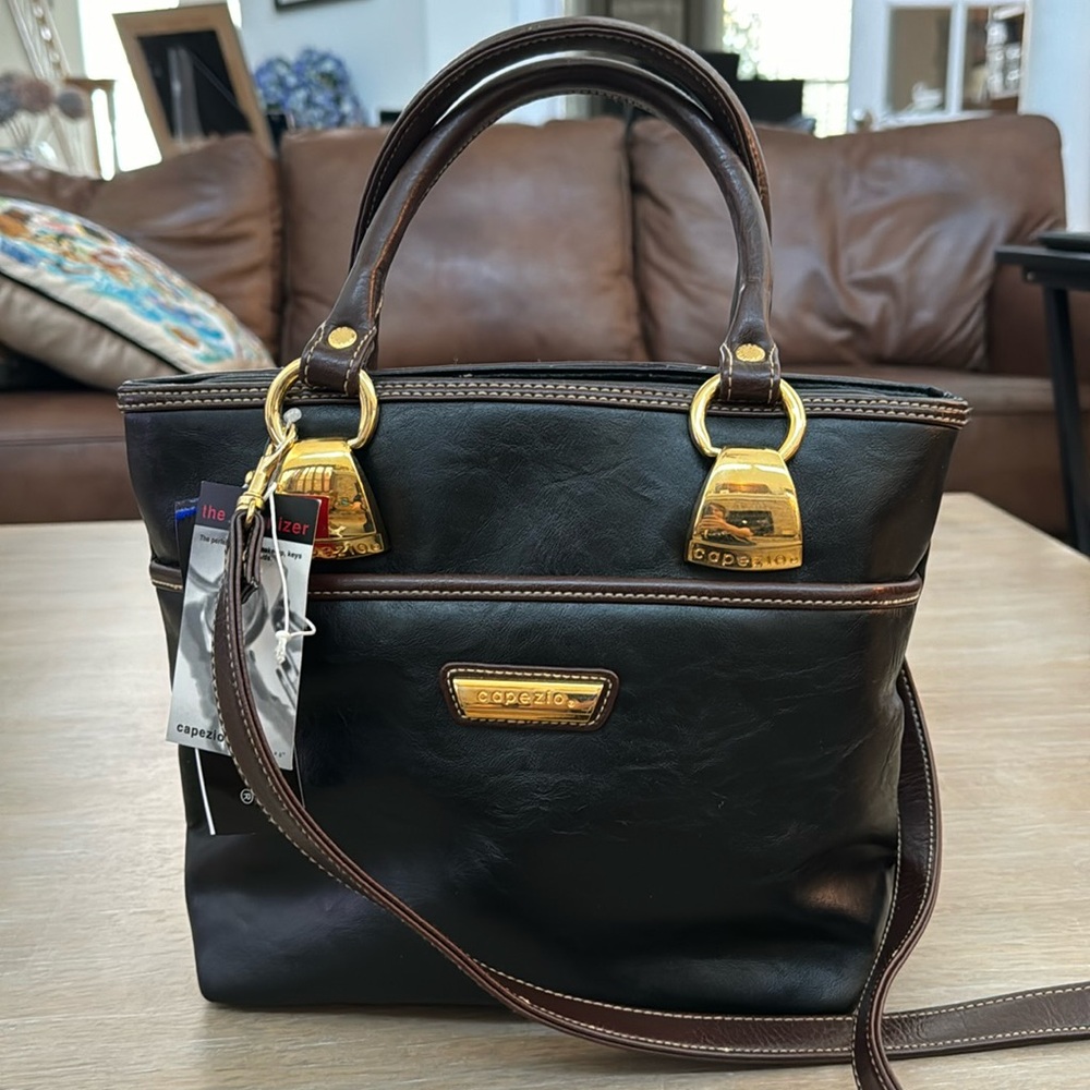 Capezio vegan leather crossbody, black with brown trim, card holder & mirror NWT